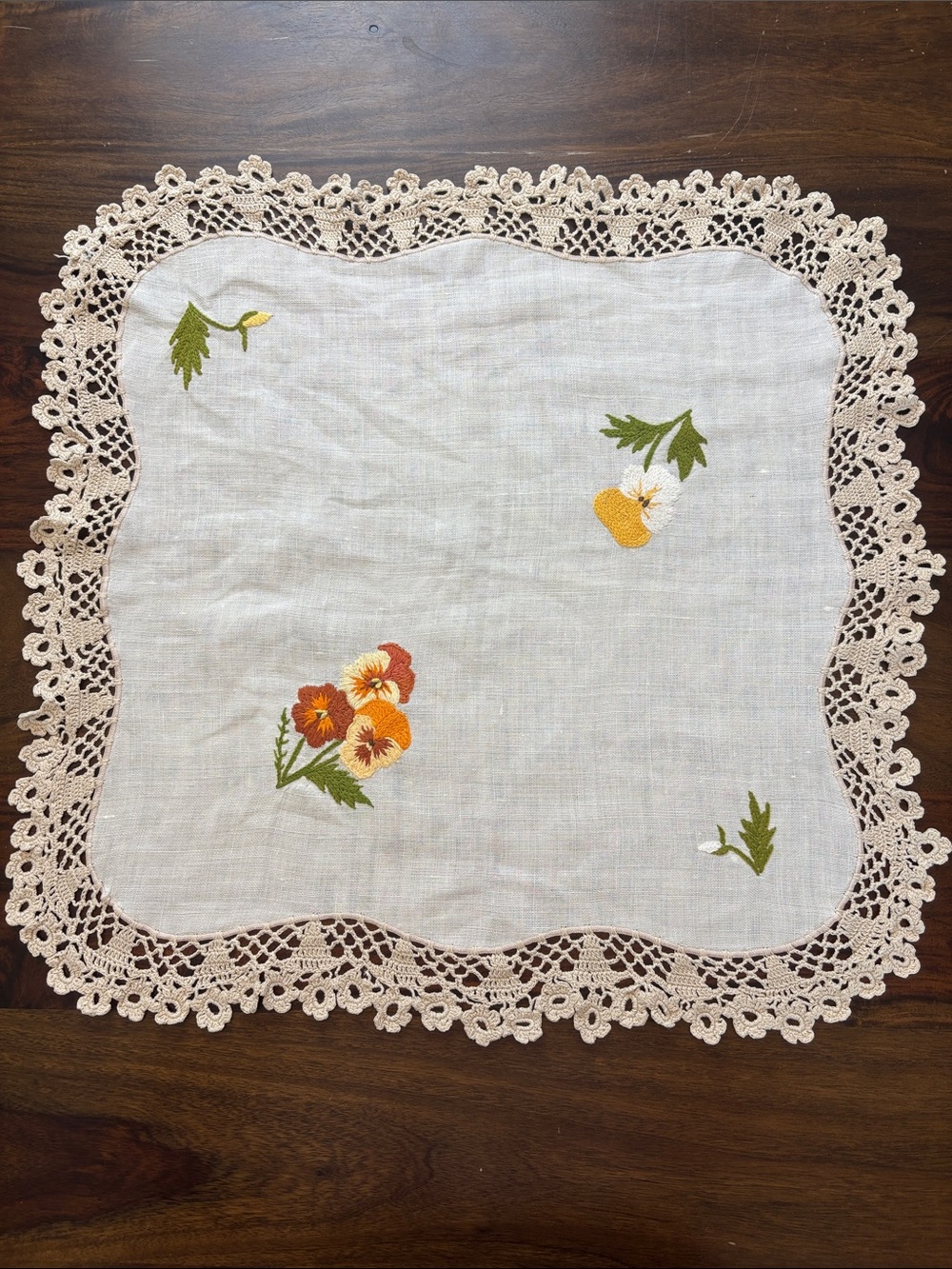Vintage Hand-Embroidered and Crochet Linen Doily Table Linen Floral